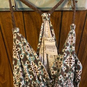 Multicolored, bropwn&teal,cinched at breast, medium, long dress, cotton